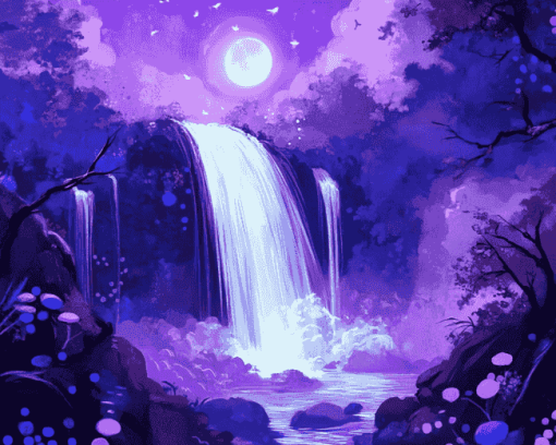 Purple Moonlight Waterfalls Diamond Painting