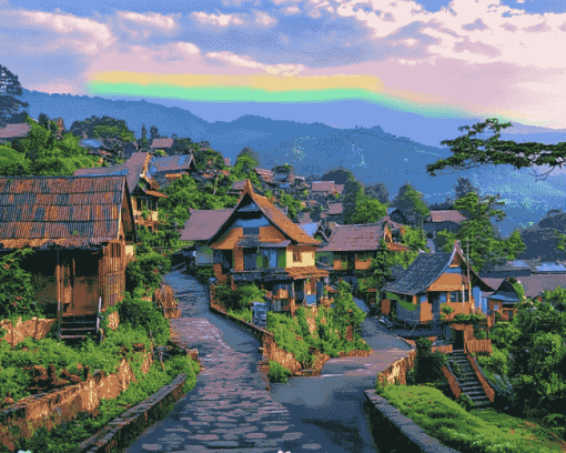 Rainbow Village Indonesia Scenic Diamond Painting