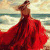 Red Dress Beach Woman Diamond Painting