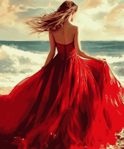 Red Dress Beach Woman Diamond Painting