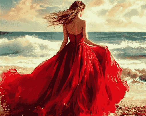 Red Dress Beach Woman Diamond Painting