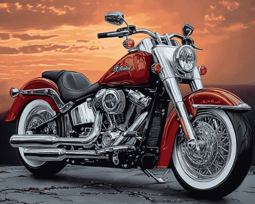 Red Harley Low Boy Motorcycles Diamond Painting