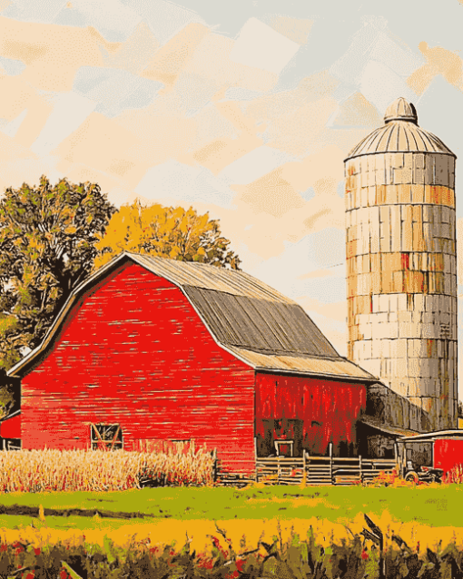 Red Rustic Barn Landscape Diamond Painting