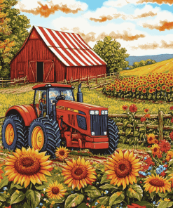 Red Tractor Sunflowers Diamond Painting