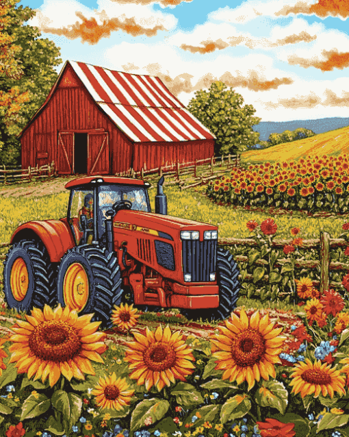 Red Tractor Sunflowers Diamond Painting