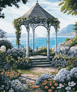 Seaside Gazebo and Blooming Flowers Diamond Painting