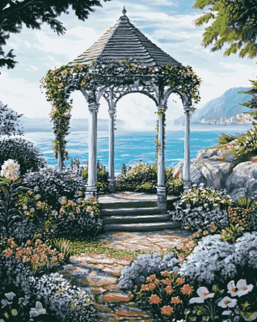 Seaside Gazebo and Blooming Flowers Diamond Painting