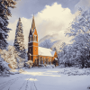 Snowy Church Landscape Diamond Painting