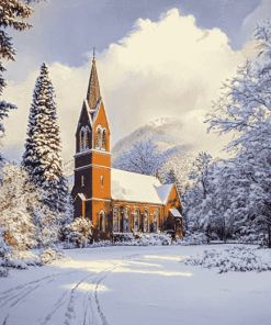 Snowy Church Landscape Diamond Painting