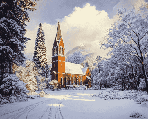 Snowy Church Landscape Diamond Painting