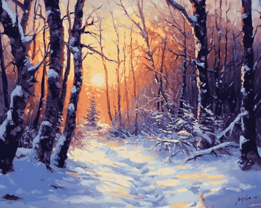 Snowy Forest Sunset Diamond Painting