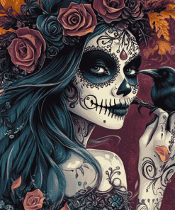 Sugar Skull Girl and Crow Diamond Painting