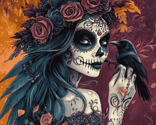 Sugar Skull Girl and Crow Diamond Painting