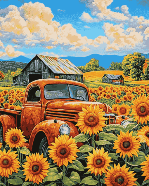 Sunflower Farm Truck Diamond Painting