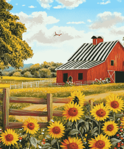 Sunflower and Barn Landscape Diamond Painting