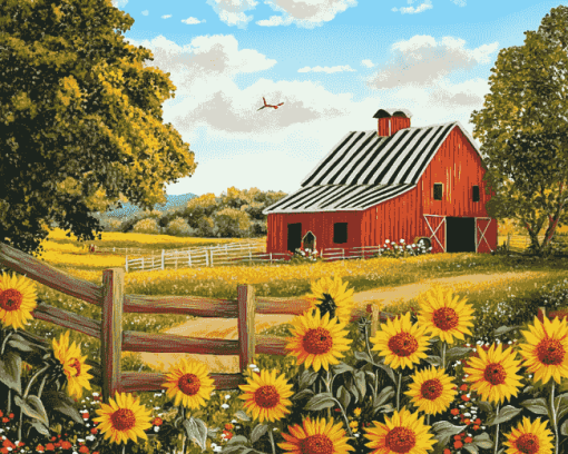 Sunflower and Barn Landscape Diamond Painting