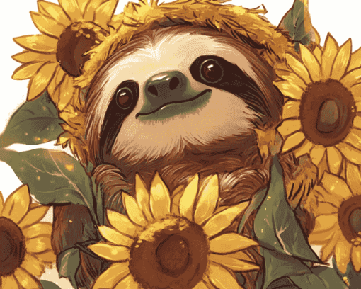 Sunflowers and Sloths Cartoon Diamond Painting