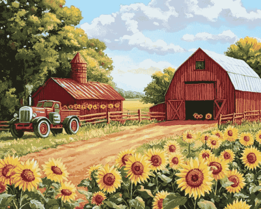 Sunflowers with Rustic Barn Diamond Painting