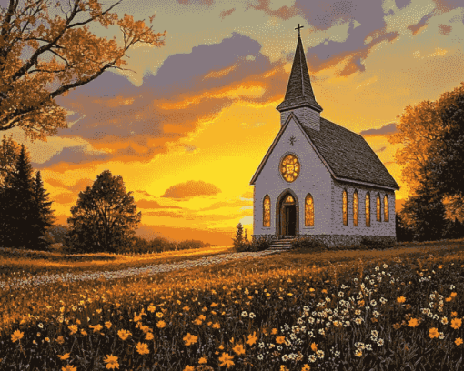 Sunset Country Church Diamond Painting