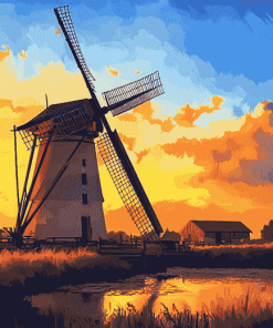 Sunset Dutch Windmill Landscape Diamond Painting