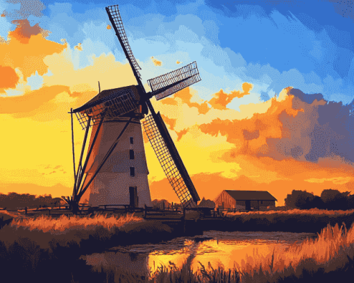 Sunset Dutch Windmill Landscape Diamond Painting