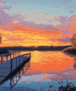 Sunset Over Bridge Lake Diamond Painting