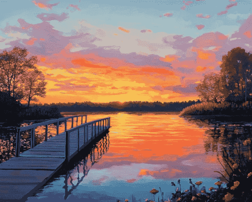 Sunset Over Bridge Lake Diamond Painting