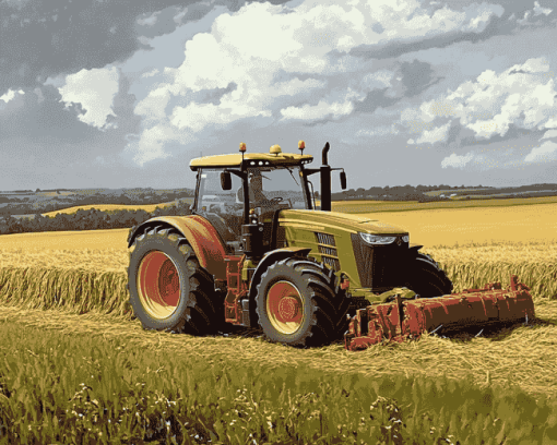 Tractors in Lush Hay Fields Diamond Painting