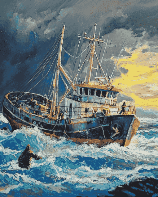 Trawler Braving Storms Diamond Painting