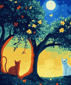 Tree Cats Night Diamond Painting