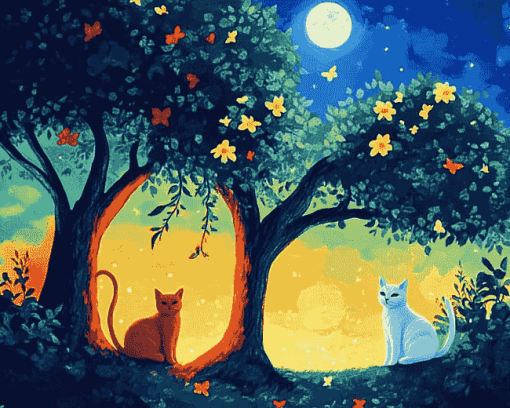 Tree Cats Night Diamond Painting