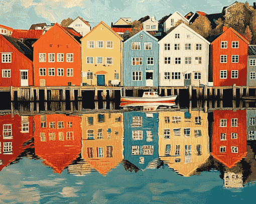 Trondheim Houses Reflections Diamond Painting