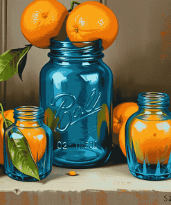 Vintage Blue Mason Jar and Oranges Diamond Painting