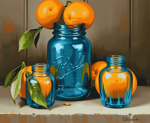 Vintage Blue Mason Jar and Oranges Diamond Painting