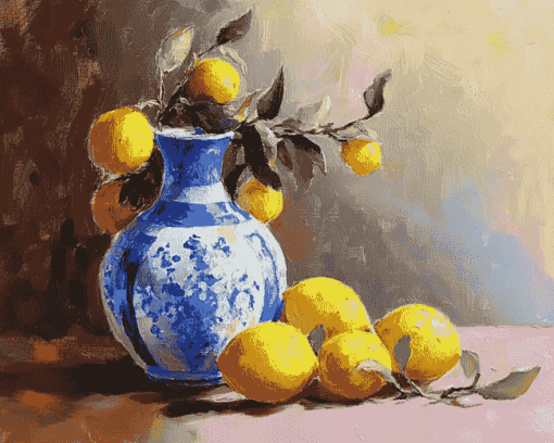 Vintage Blue Vase Lemons Diamond Painting