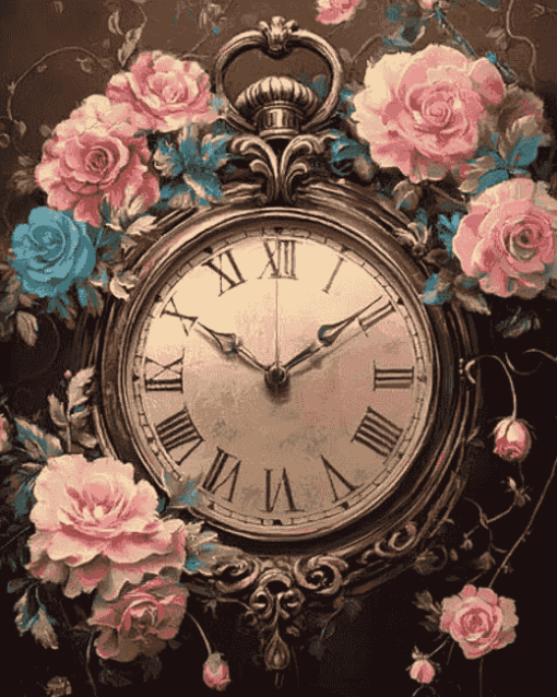 Vintage Clock and Flowers Diamond Painting