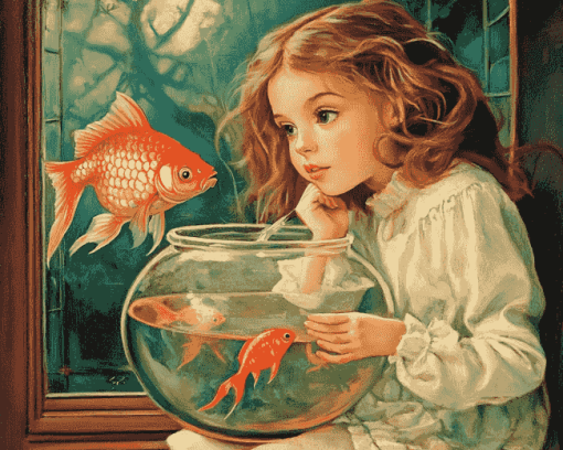 Vintage Goldfish with Little Girl Diamond Painting