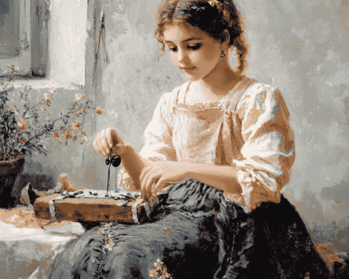 Vintage Sewing Girl Diamond Painting