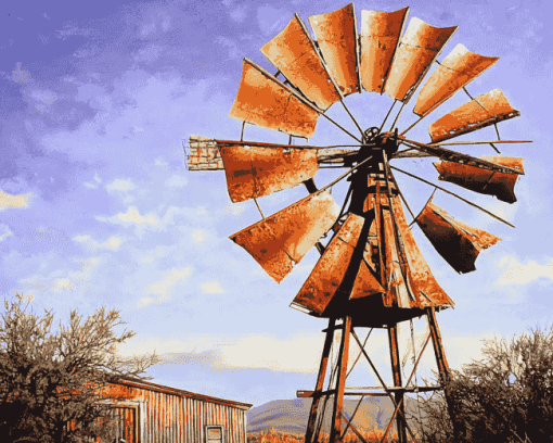 Western Windmill Landscape Diamond Painting