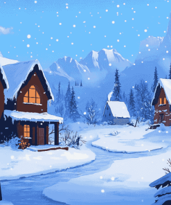 Winter Homes in Frozen Forest Diamond Painting