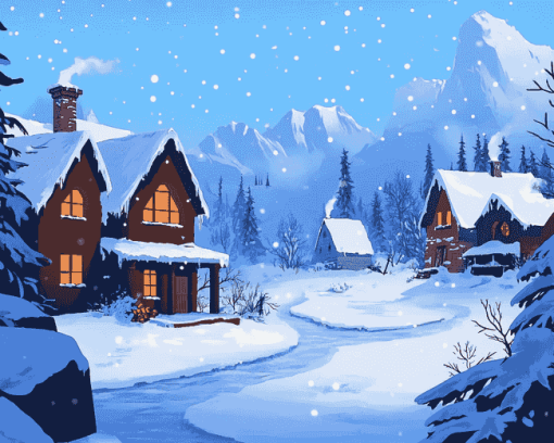 Winter Homes in Frozen Forest Diamond Painting