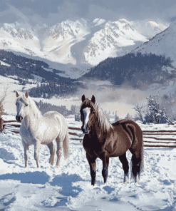 Winter Horses Mountain Scene Diamond Painting