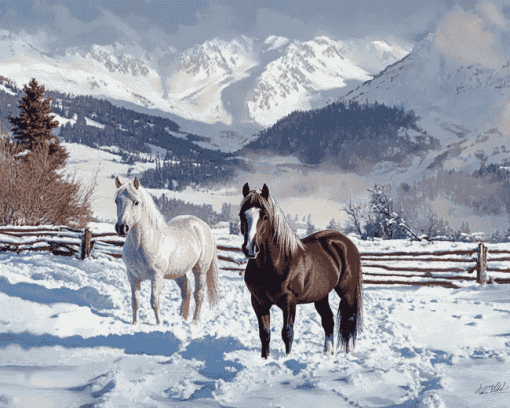 Winter Horses Mountain Scene Diamond Painting