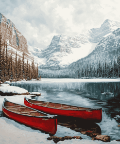 Winter Red Canoe in Canadian Landscapes Diamond Painting