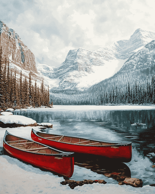 Winter Red Canoe in Canadian Landscapes Diamond Painting