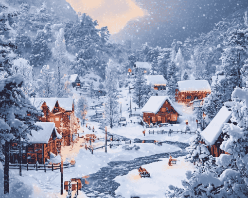 Winter Snowy Village Diamond Painting