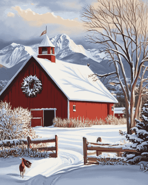 Winter's Call: Snowy Farm Landscapes Diamond Painting