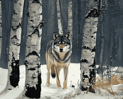 Wolf Among Birches Diamond Painting