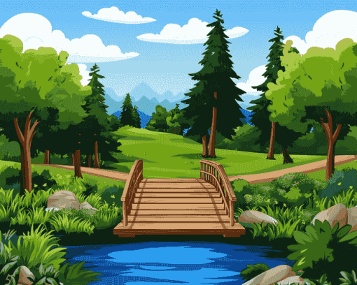 Wooden Bridge in a Cartoon Forest Diamond Painting