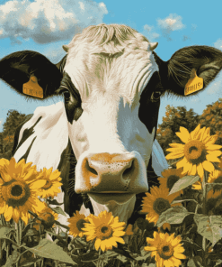 Aesthetic Cow with Sunflowers Diamond Painting